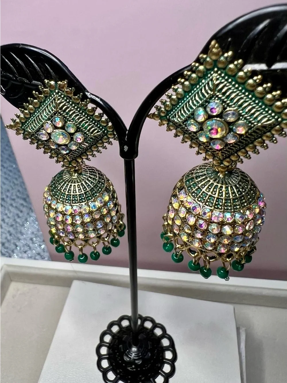 Gold-Tone Green Beaded Jhumka Earrings with Aurora Rhinestones